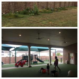 Greenville's covered outdoor play area and school garden. 