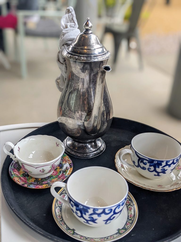 mismatched tea service at Chocolate Angel