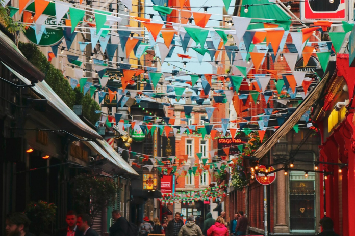 lots of fiest flags hanging for St. Patrick's Day in Ireland