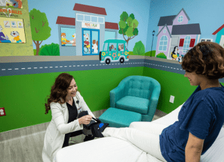 ER for Kids. ER of Texas. Doctor treating child in pediatric room