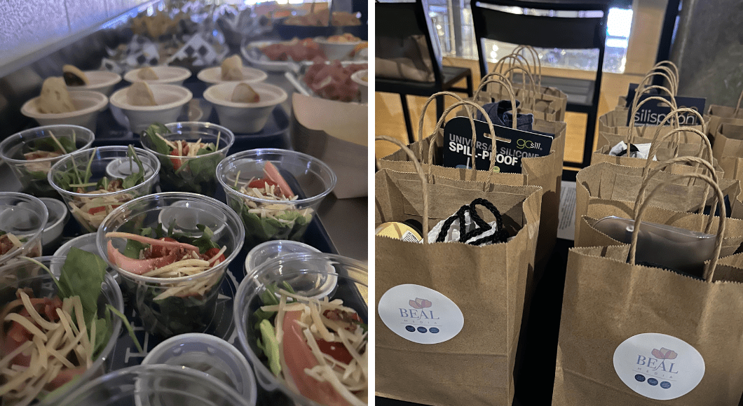 side-by-side images: buffet spread at Republic at The HUB in Allen, TX and brown craft paper swag bags for Dallas Moms, Collin County Moms, and Fort Worth Moms