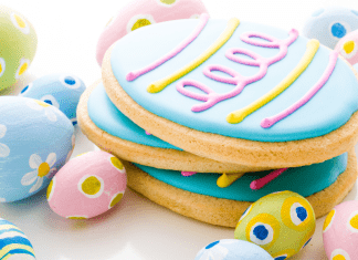 colorful easter cookies shaped and decorated like eggs