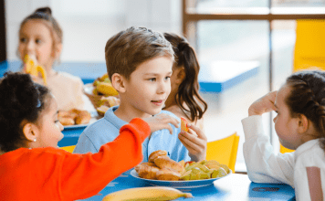 Child eating at school with friends