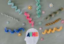 An illustration of a head with pipe cleaners coming out the top illustrating unorganized thoughts related to ADHD.