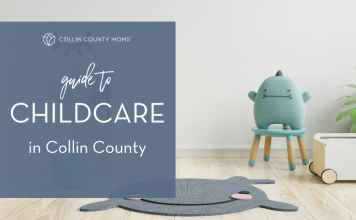 Toys in a playroom with text "Guide to childcare in Collin County."